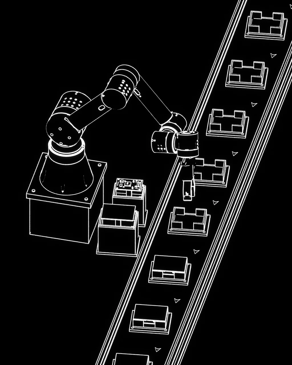 Glowing white outlines of a robot arm picking circuit boards and lids from feeder chutes to assemble controller modules